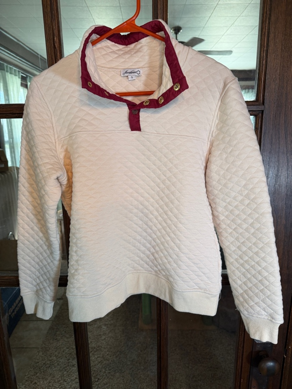 Jordann Womens Quilted Snap Neck Pullover Sweatshirt Cream Burgundy Size Small